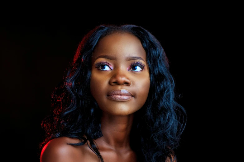 a woman with long black hair posing for a picture, by Chinwe Chukwuogo-Roy, pexels contest winner, light-brown skin, close - up studio photo, 1 6 years old, good lighted photo