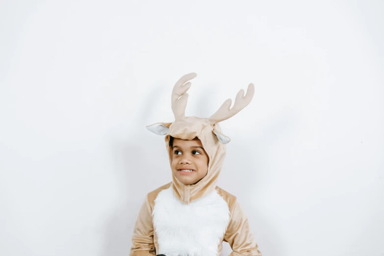 a little boy dressed in a reindeer costume, inspired by Rudolph Belarski, pexels contest winner, hurufiyya, white background, gif, diverse costumes, multi-part