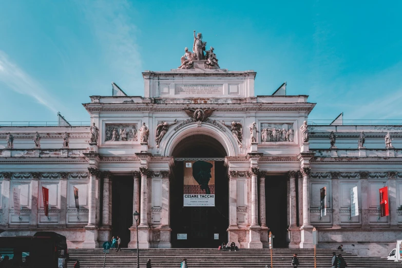 a group of people standing in front of a building, by Carlo Martini, pexels contest winner, neoclassicism, massive arch, maurizio cattelan, square, opalescent palace