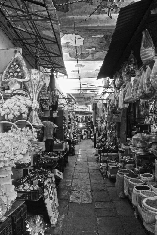 a black and white photo of a market, flickr, 🌸 🌼 💮, tlaquepaque, the blessed aisles, bangkok