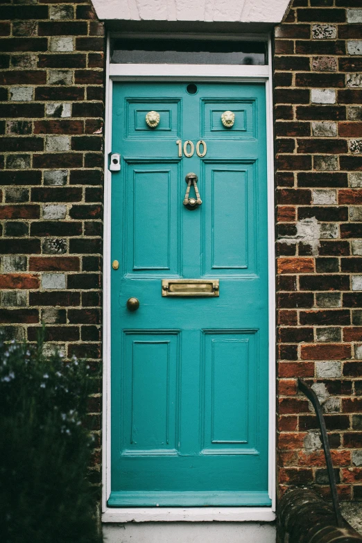 a blue door sitting on the side of a brick building, teal white gold color palette, max dennison, paul barson, most popular
