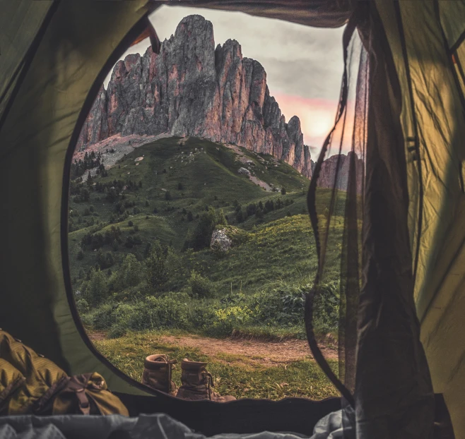 a view of a mountain from inside a tent, by Alessandro Allori, pexels contest winner, renaissance, album cover, youtube thumbnail, lush vista, camps in the background