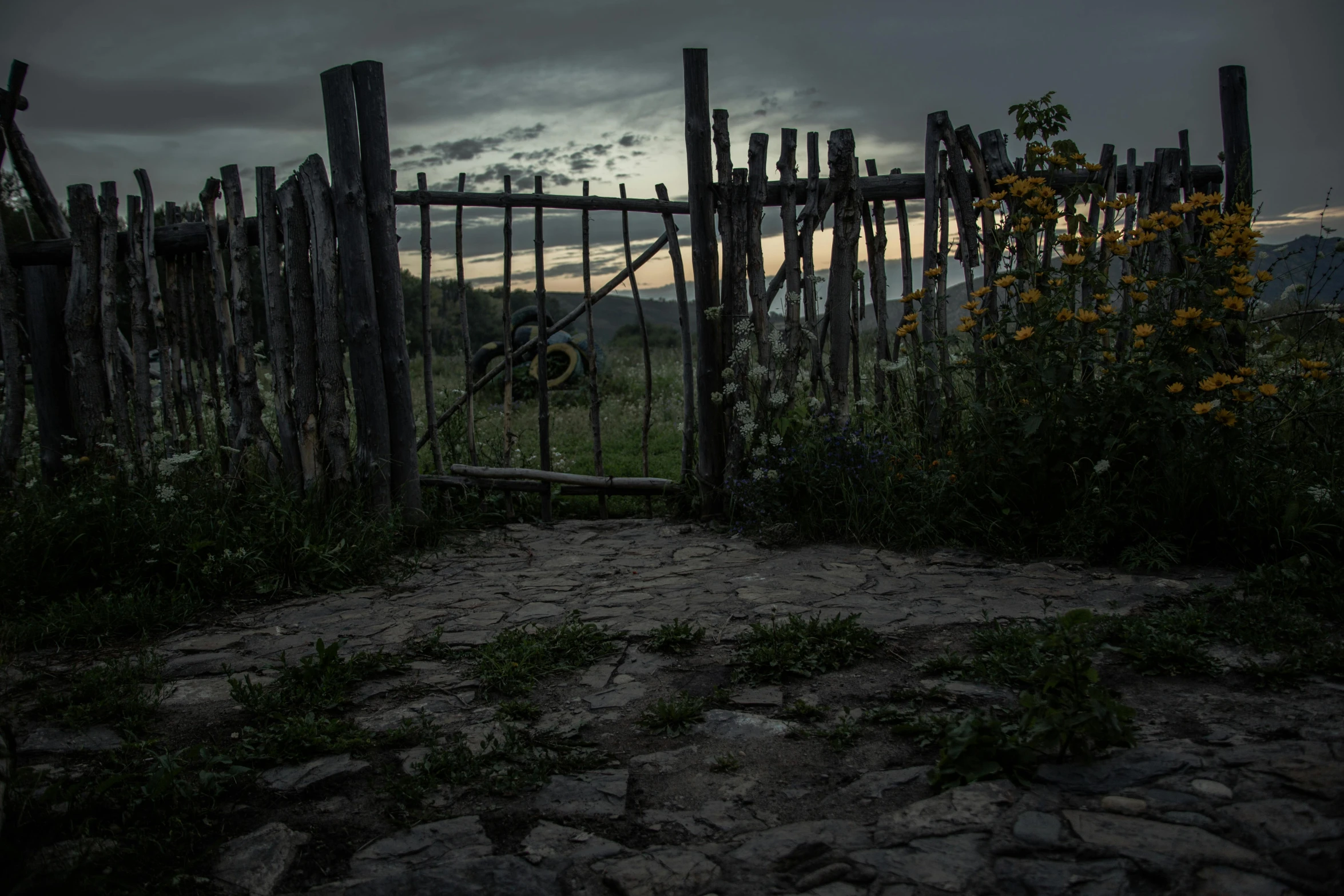 a wooden gate in the middle of a field, by Adam Szentpétery, pexels contest winner, romanticism, ominous evening, magical soviet town, ( apocalyptic ) 8 k, cottagecore