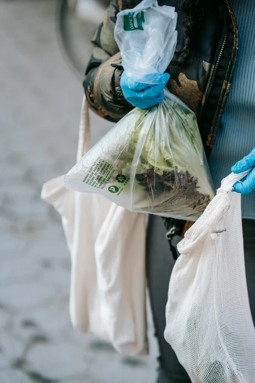 a person in blue gloves holding two bags of food, pexels contest winner, plasticien, greens, made of trash, seattle, white plastic