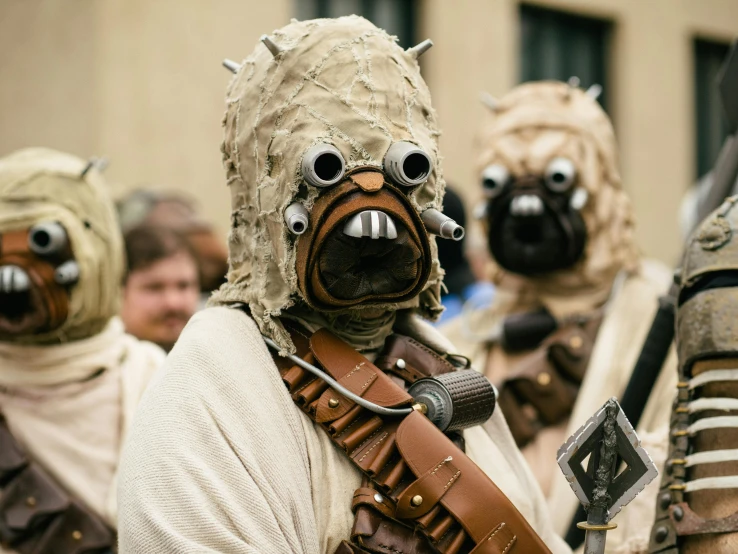 a group of people wearing star wars costumes, by Adam Marczyński, up close, caspar friedrich, brown, low quality photo