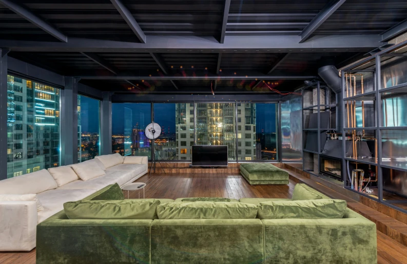 a living room filled with lots of green furniture, inspired by Dennis Miller Bunker, unsplash contest winner, modernism, on rooftop tokyo night, molten metal house, profile image, gentleman's club lounge