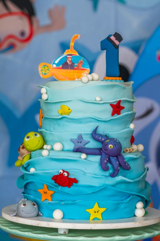 a close up of a birthday cake on a table, standing under the sea, shot with premium dslr camera, for kids, thumbnail