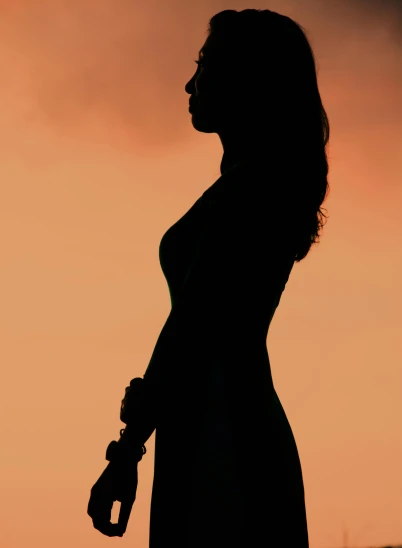 a silhouette of a woman holding a baseball bat, by Niko Henrichon, pexels contest winner, romanticism, side profile waist up portrait, avatar image, low detail, woman in dress