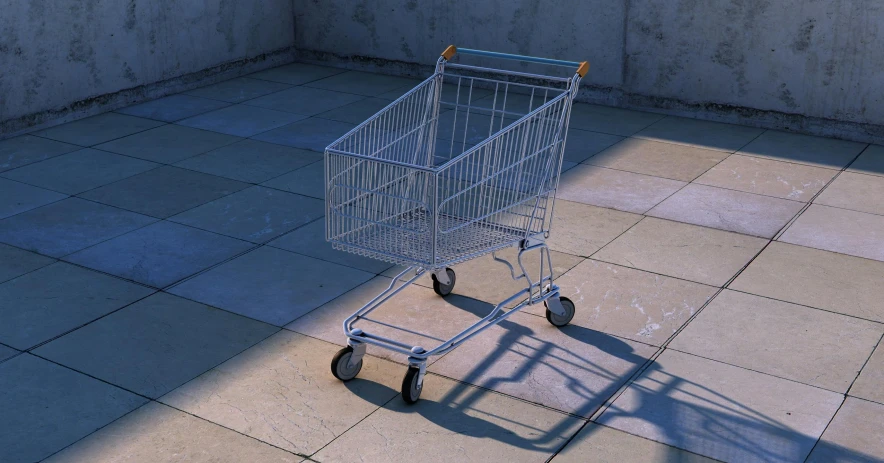 a shopping cart sitting on top of a tiled floor, a raytraced image, by Filip Hodas, pixabay, hyperrealism, iray shaders, taken in the mid 2000s, afternoon sun, in-game 3d model