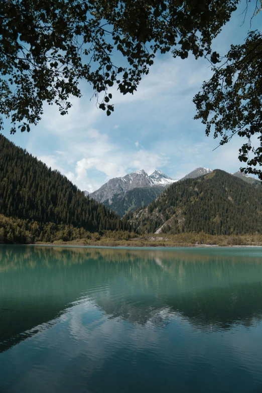 a large body of water surrounded by trees, inspired by Li Keran, unsplash contest winner, kazakh, lakeside mountains, album cover, alp