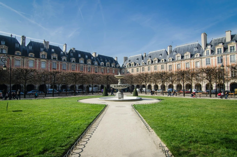 a park with a fountain in the middle of it, pexels contest winner, paris school, thick squares and large arrows, shops, courtyard, conde nast traveler photo