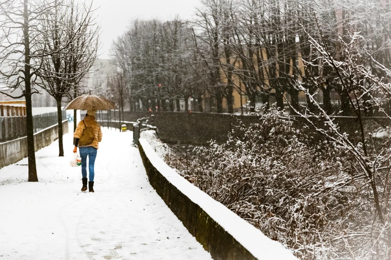 a person walking in the snow with an umbrella, by Lucia Peka, pexels contest winner, a blond, brown, italian, thumbnail