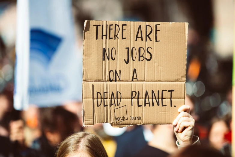 a woman holding a sign that says there are no jobs on a dead planet, by Julia Pishtar, trending on unsplash, cardboard, protest, avatar image