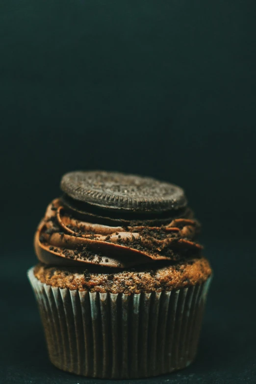 a chocolate cupcake with oreo cookies on top, pexels contest winner, renaissance, brown:-2, portrait shot, edible crypto, single