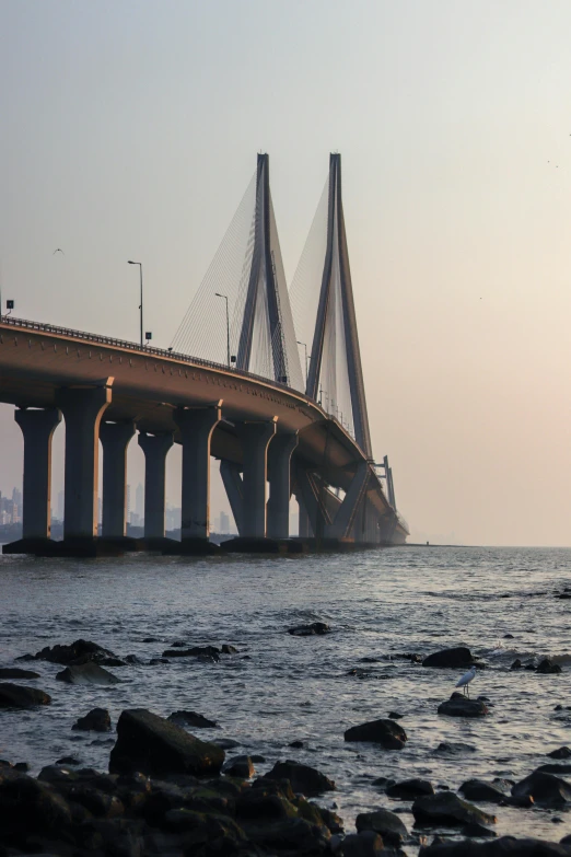 a large bridge over a body of water, by Rajesh Soni, on the coast, huge support buttresses, uncropped, brown