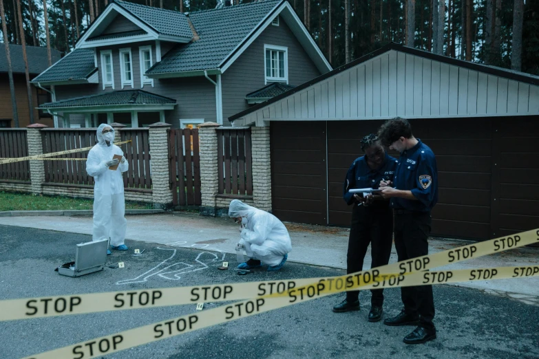 two police officers standing in front of a house, by Julia Pishtar, pexels contest winner, serial art, murder scene, production still, staff wearing hazmat suits, yulia nevskaya