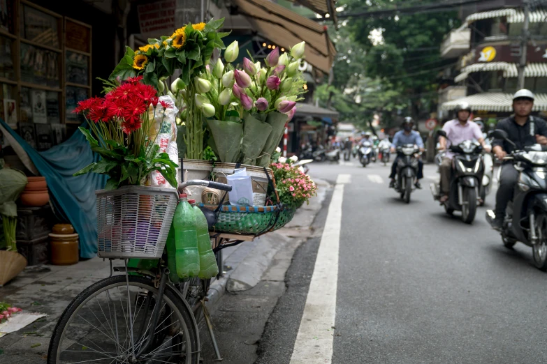 a bunch of flowers sitting on the back of a bike, pexels contest winner, wet market street, lush surroundings, square, ngai victo