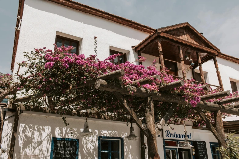 a white building with purple flowers in front of it, by Emma Andijewska, pexels contest winner, restaurant, turkey, peaked wooden roofs, gif