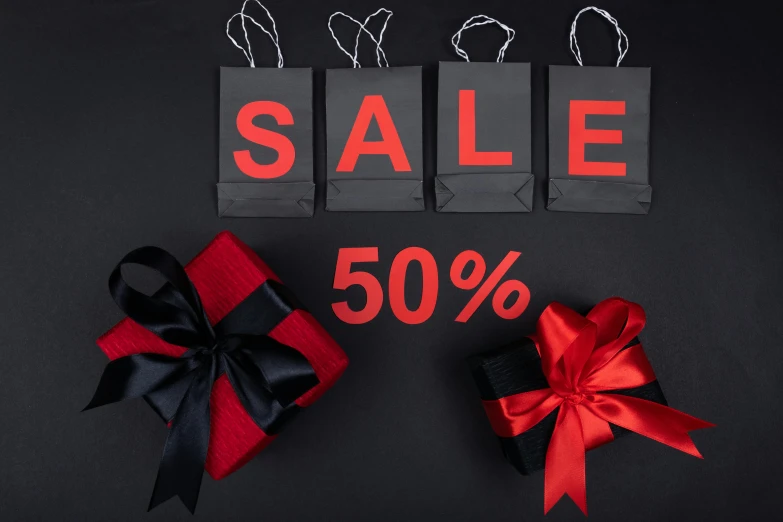 black friday sale bags with red and black bows on a black background, pexels contest winner, hurufiyya, 50s, 50, thumbnail, 5