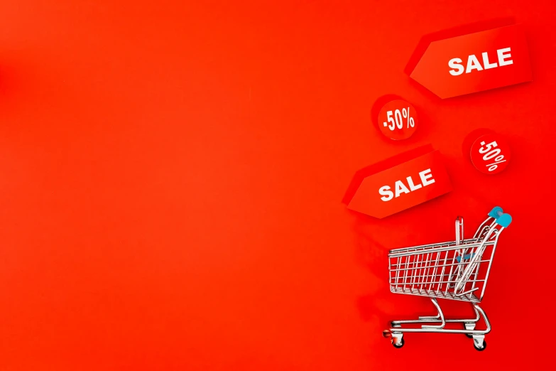 a shopping cart sitting on top of a red wall, a digital rendering, pexels, maximalism, images on the sales website, red banners, 64x64, bright red