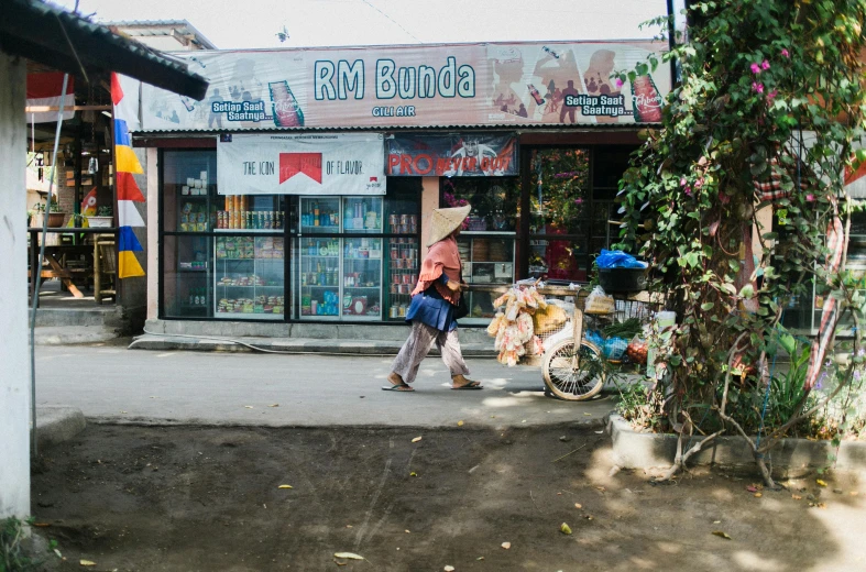 a woman walking down a street past a store, sumatraism, fan favorite, blunt borders, pudenda, run down
