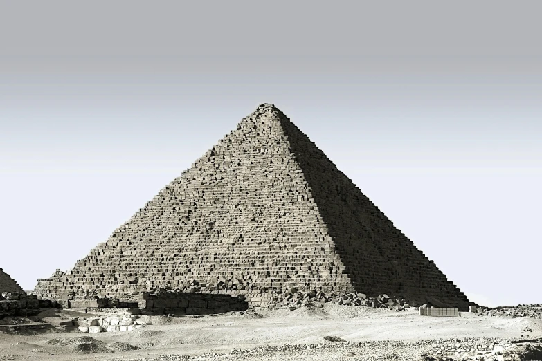 a black and white photo of the great pyramid of giza, egyptian art, hyperrealism, massive scale, denoised, pyramid, stacked image