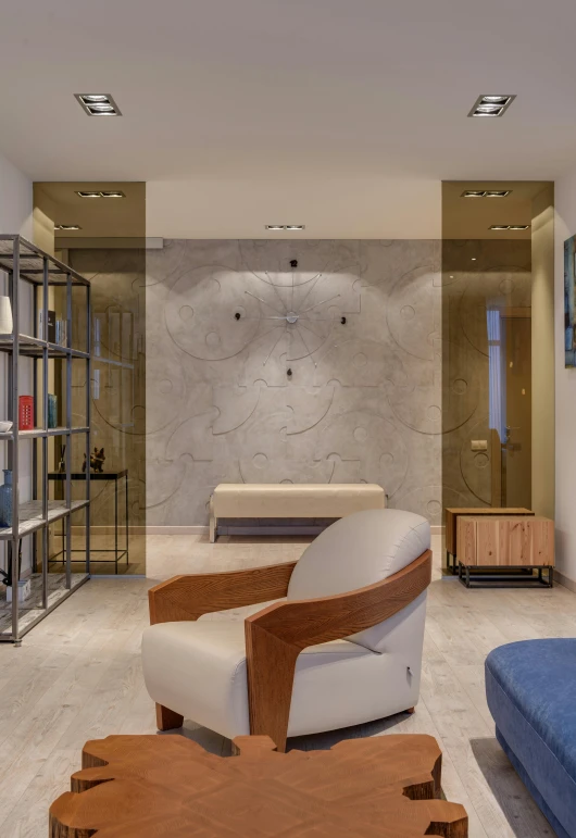 a living room filled with furniture and a blue couch, a portrait, by Carlo Martini, fine art, metal cladding wall, stone tile hallway, accent lighting : : peugot onyx, armchairs