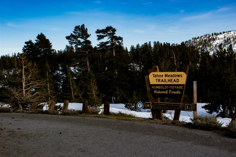 a sign sitting on the side of a road next to a forest, by Marshall Arisman, unsplash, les nabis, snowy canyon at dawn, tall entry, listing image, rocky meadows