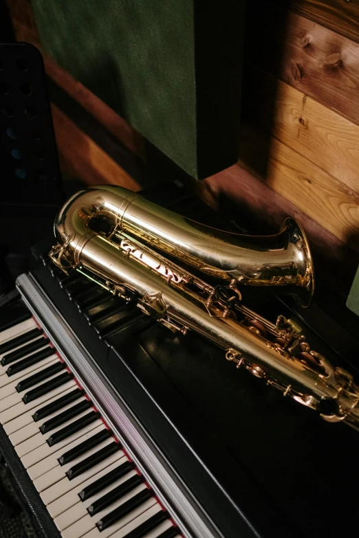 a saxophone sitting on top of a piano keyboard, on a wooden desk, gold body, jen atkin, machinery