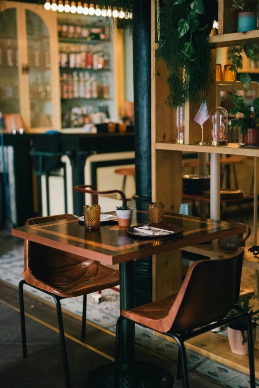 a wooden table sitting on top of a wooden floor, diner, apothecary, thumbnail, bar