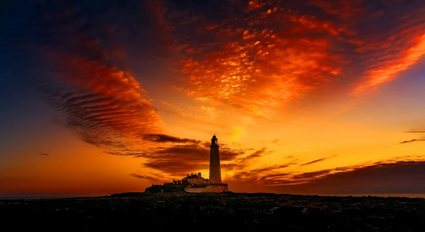 a lighthouse at sunset with clouds in the sky, by Eamon Everall, pexels contest winner, romanticism, red and yellow light, long view, various posed, minimalist