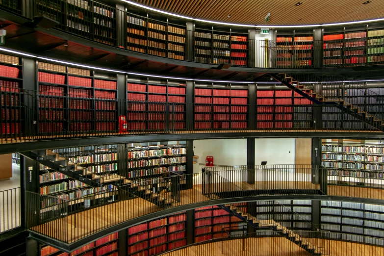 a large library filled with lots of books, pexels contest winner, black and red color scheme, rotunda, german, youtube thumbnail