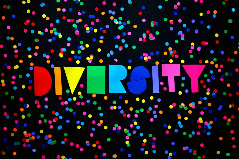 the word diversity surrounded by multicolored confetti, pexels, black light, background image, karim rashid, diverse costumes