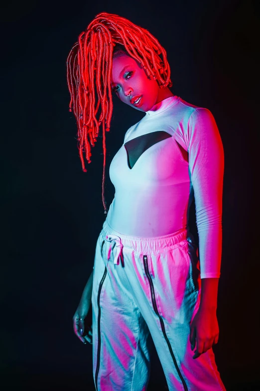 a woman with dreadlocks standing in front of a black background, afrofuturism, red lighting, wearing white leotard, high - key lighting, woman in streetwear