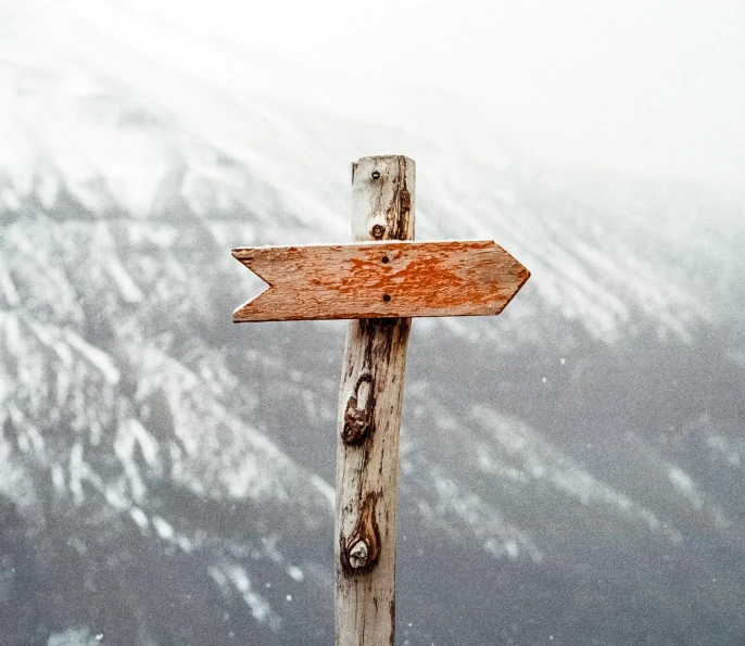 a wooden sign sitting on top of a wooden pole, trending on pexels, snowy peak, avatar image, arrow shaped, grey