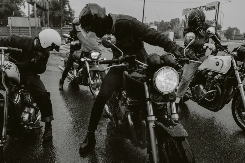 a group of people riding on the back of motorcycles, a black and white photo, pexels contest winner, photorealism, streetwear, wet atmosphere, helmet off, brown