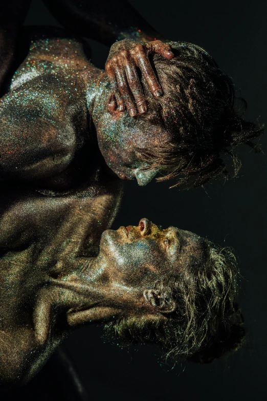 a man and a woman covered in mud, an album cover, by Jan Tengnagel, pexels contest winner, art photography, iridescent skin, bioart, two male, samson pollen