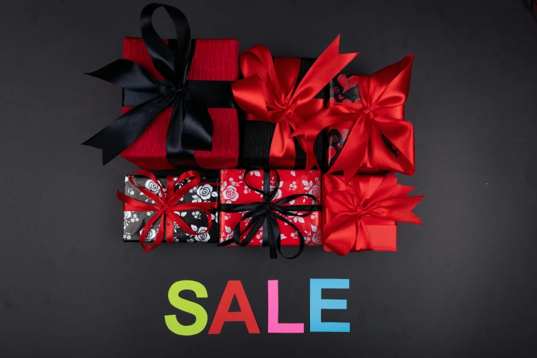 a pile of presents sitting on top of a black background, a photo, by Julia Pishtar, shutterstock, red and black color scheme, square, sales, limited time offer