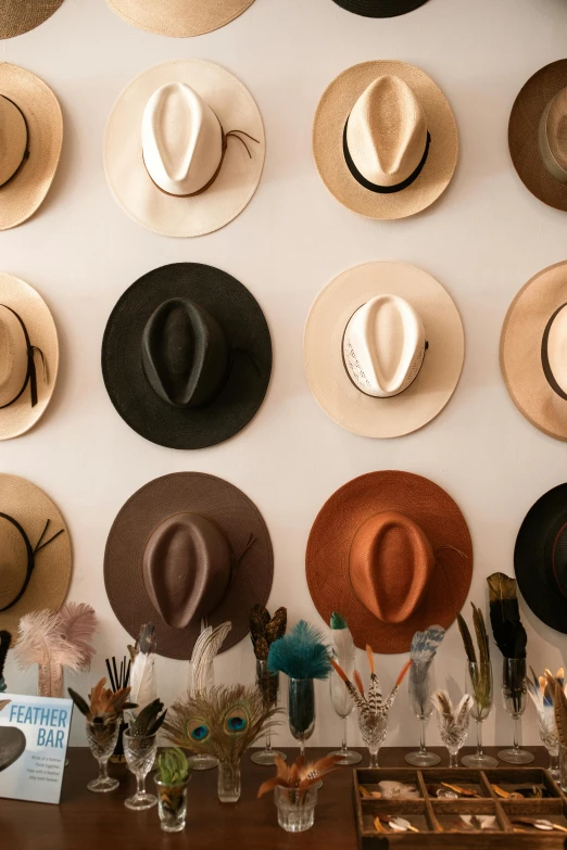 a bunch of hats that are on a wall, a digital rendering, by Gavin Hamilton, trending on pexels, leather jewelry, conde nast traveler photo, smokey room, thumbnail