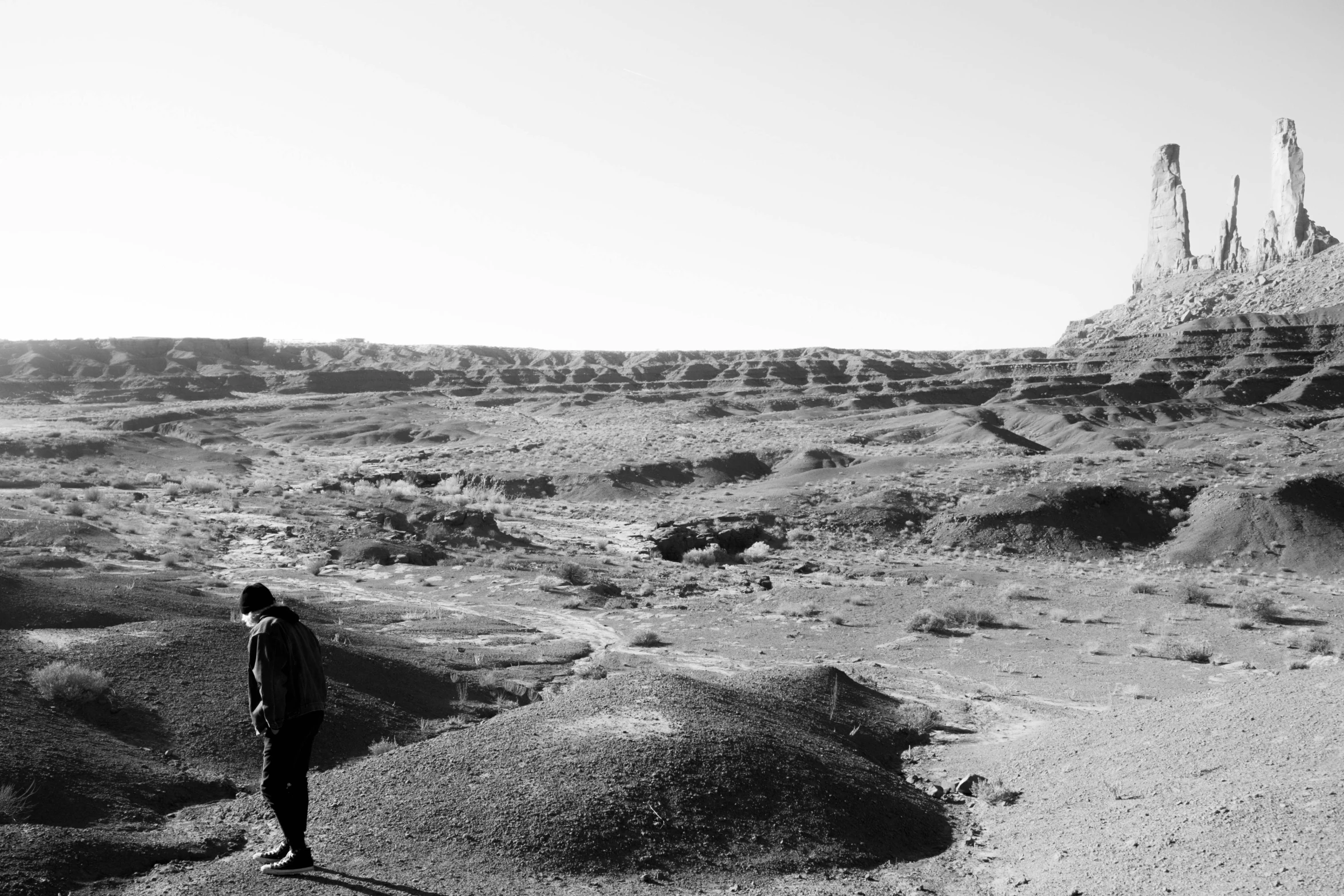 a person standing in the middle of a desert, a black and white photo, process art, standing on a martian landscape, art foreground : eloy morales, chemistry, shot from the side