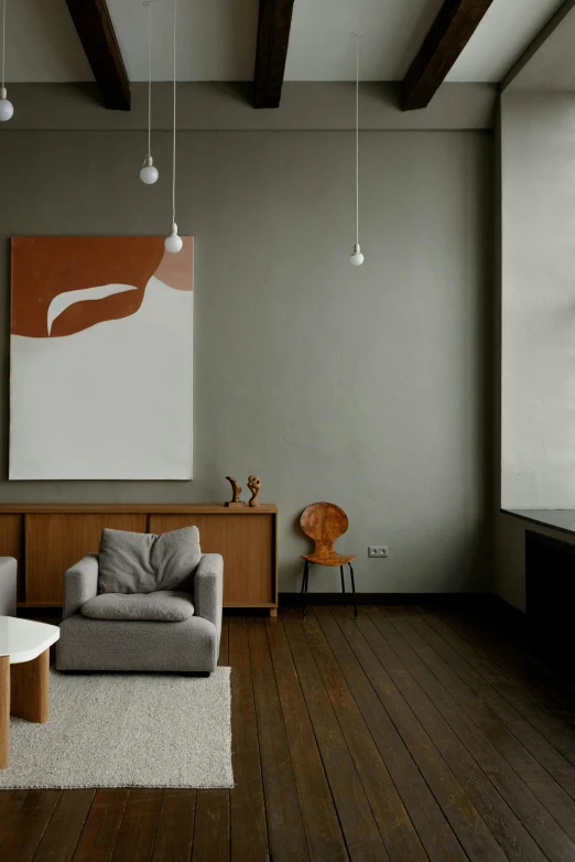 a living room filled with furniture and a painting, a minimalist painting, inspired by Constantin Hansen, minimalism, matte fresco, dwell, color photo, gray canvas