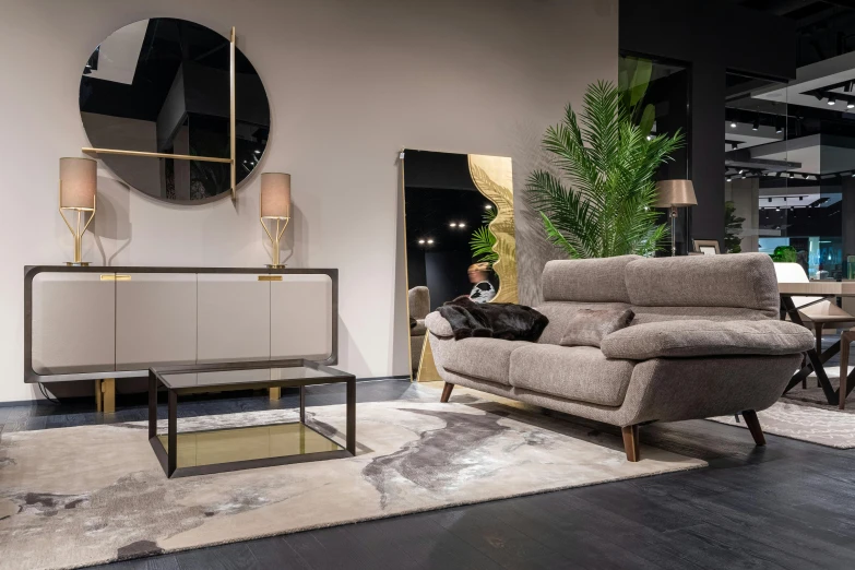 a living room filled with furniture and a mirror, inspired by Emilio Grau Sala, pexels contest winner, shades of gold display naturally, lounge furniture, modern minimalist f 2 0, stone and glass and gold