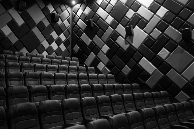 a black and white photo of an empty theater, a picture, by Emma Andijewska, pexels, op art, abstract black leather, with cinematic colour palette, square, isolated background