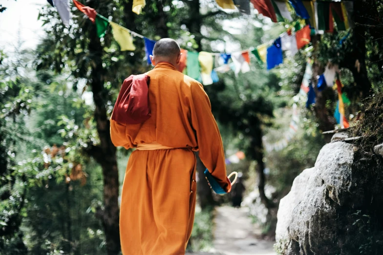 a man in an orange robe walking down a path, unsplash, thangka, dirty linen robes, a man wearing a backpack, 🦩🪐🐞👩🏻🦳