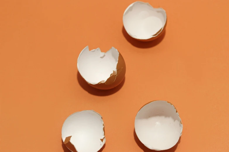 a group of broken eggs sitting on top of an orange surface, trending on pexels, hyperrealism, profile image, white ceramic shapes, foil, ilustration