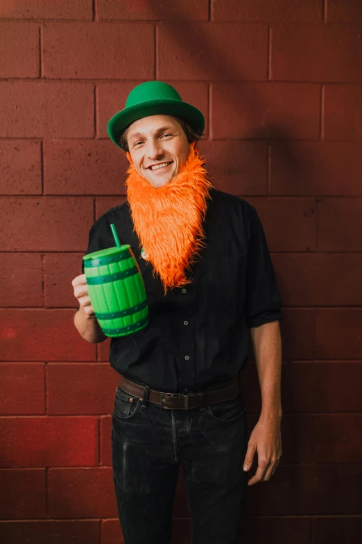 a man with an orange beard and a green cup, reddit, pose 4 of 1 6, irish, various posed, made of liquid