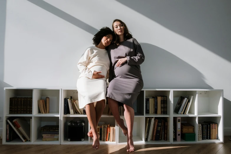 two women standing next to each other in a room, pexels contest winner, pregnant, standing on a shelf, varying ethnicities, relaxed pose