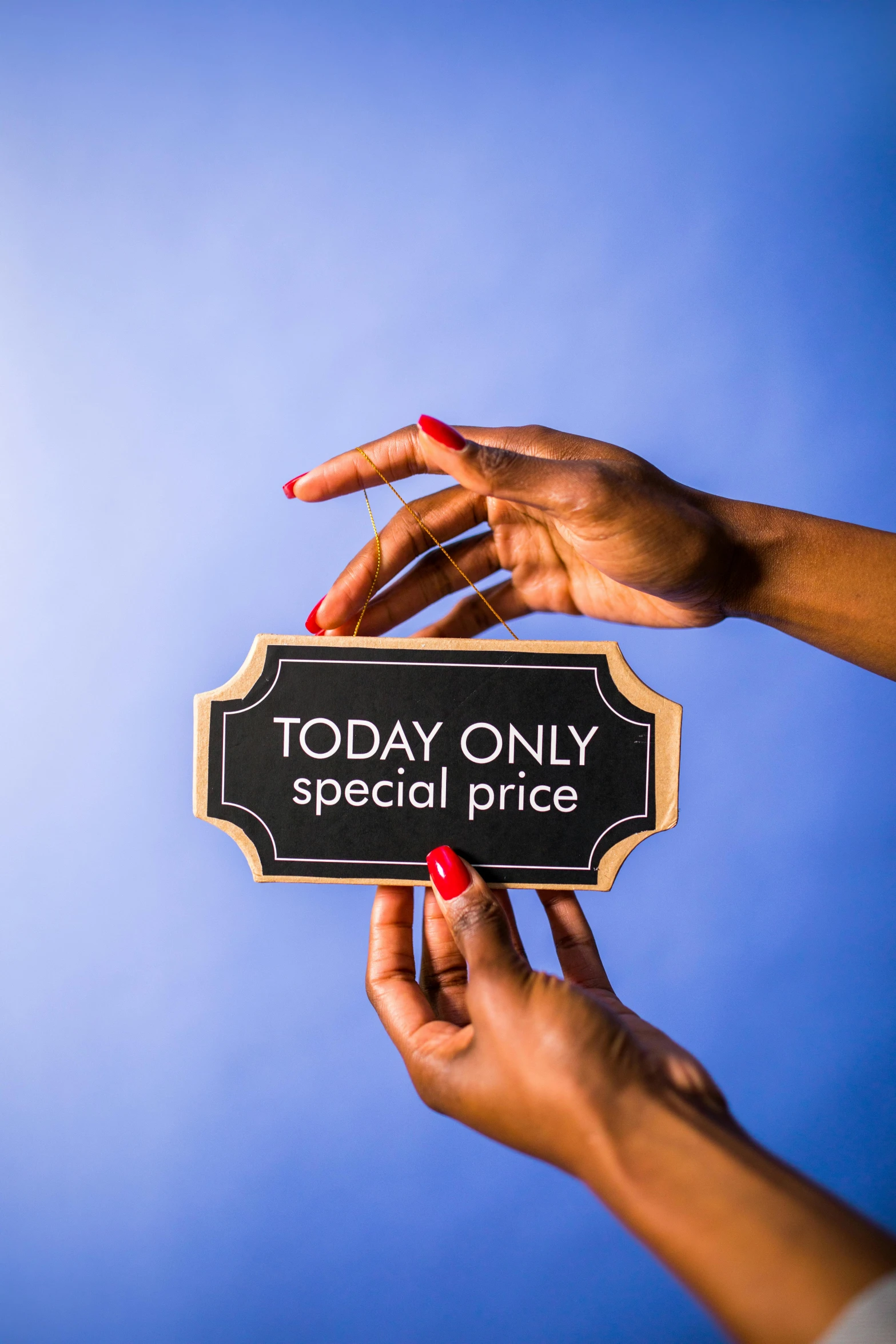 a woman holding a sign that says today only special price, by Julia Pishtar, private press, professional studio photograph, blue sky, multi-part, product display photograph