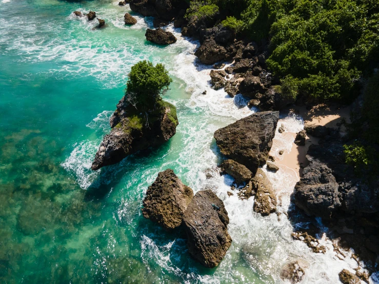 a large body of water next to a lush green forest, pexels contest winner, sumatraism, rocky seashore, flatlay, turquoise ocean, thumbnail