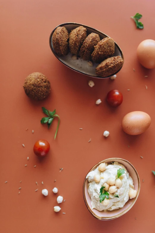 a table topped with different types of food, a still life, trending on pexels, dau-al-set, middle eastern skin, eggs, background image, promotional image